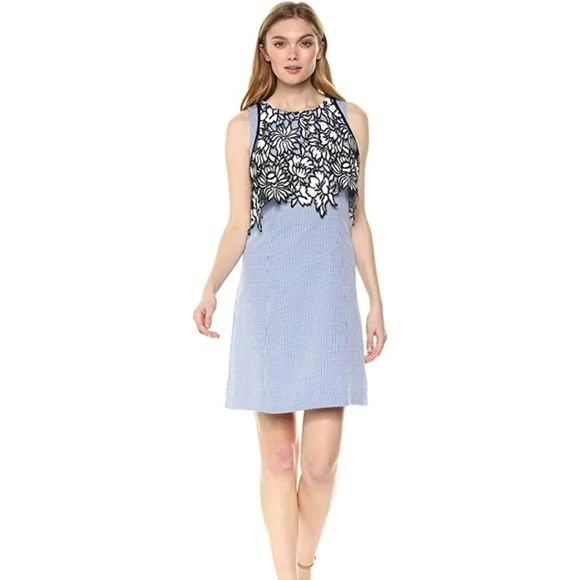 Nicole Miller | Dresses | Nicole Miller Black Lace Overlay Checkered Blue  White Sleeveless Mini Dress 4 | Poshmark